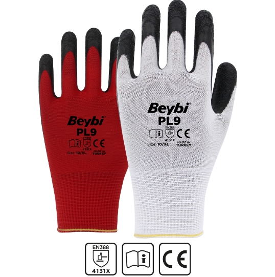 BEYBİ%20PL9%20Polyester%20Örme%20Lateks%20Eldiven%20KIrmızı